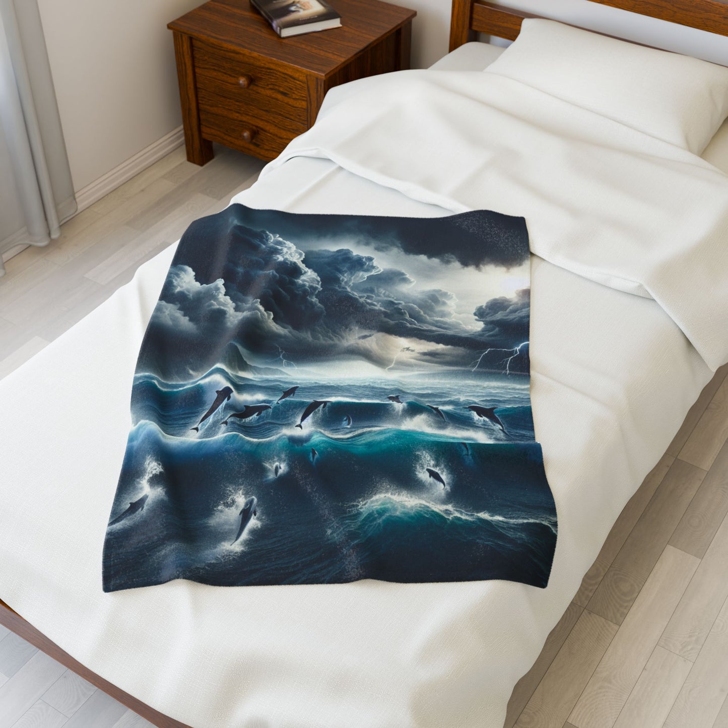 DOLPHINS IN A STORM Velveteen Plush Blanket