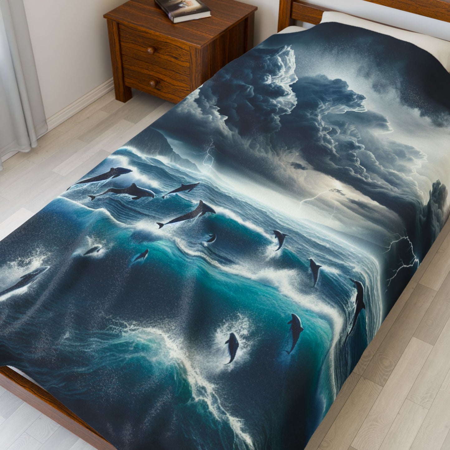 DOLPHINS IN A STORM Velveteen Plush Blanket